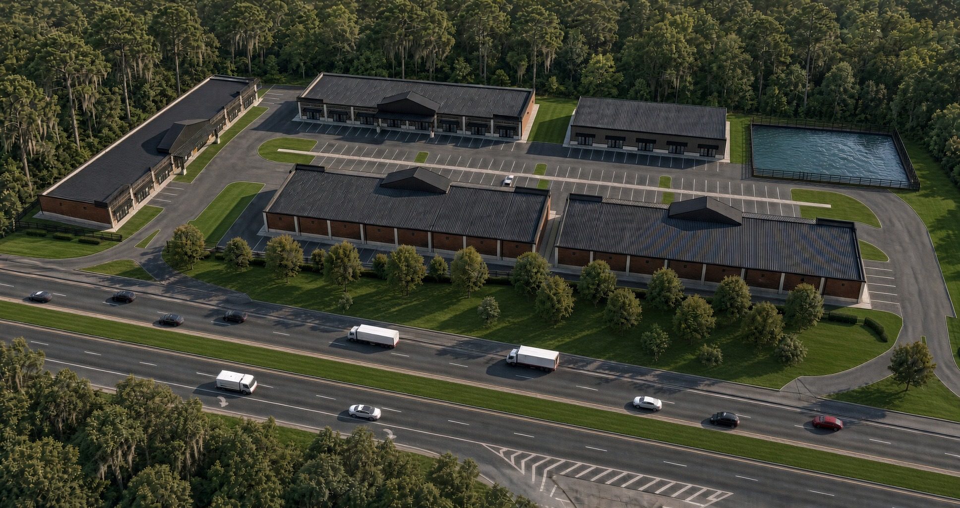 Hull Row aerial rendering — five single-story retail storefront buildings along Hull Road in Athens, GA