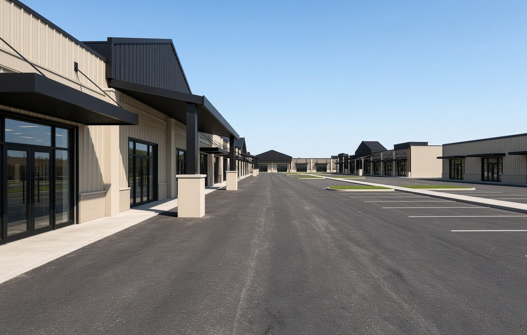 Hull Row drive-aisle rendering — walk-in retail storefronts lining the two-way drive