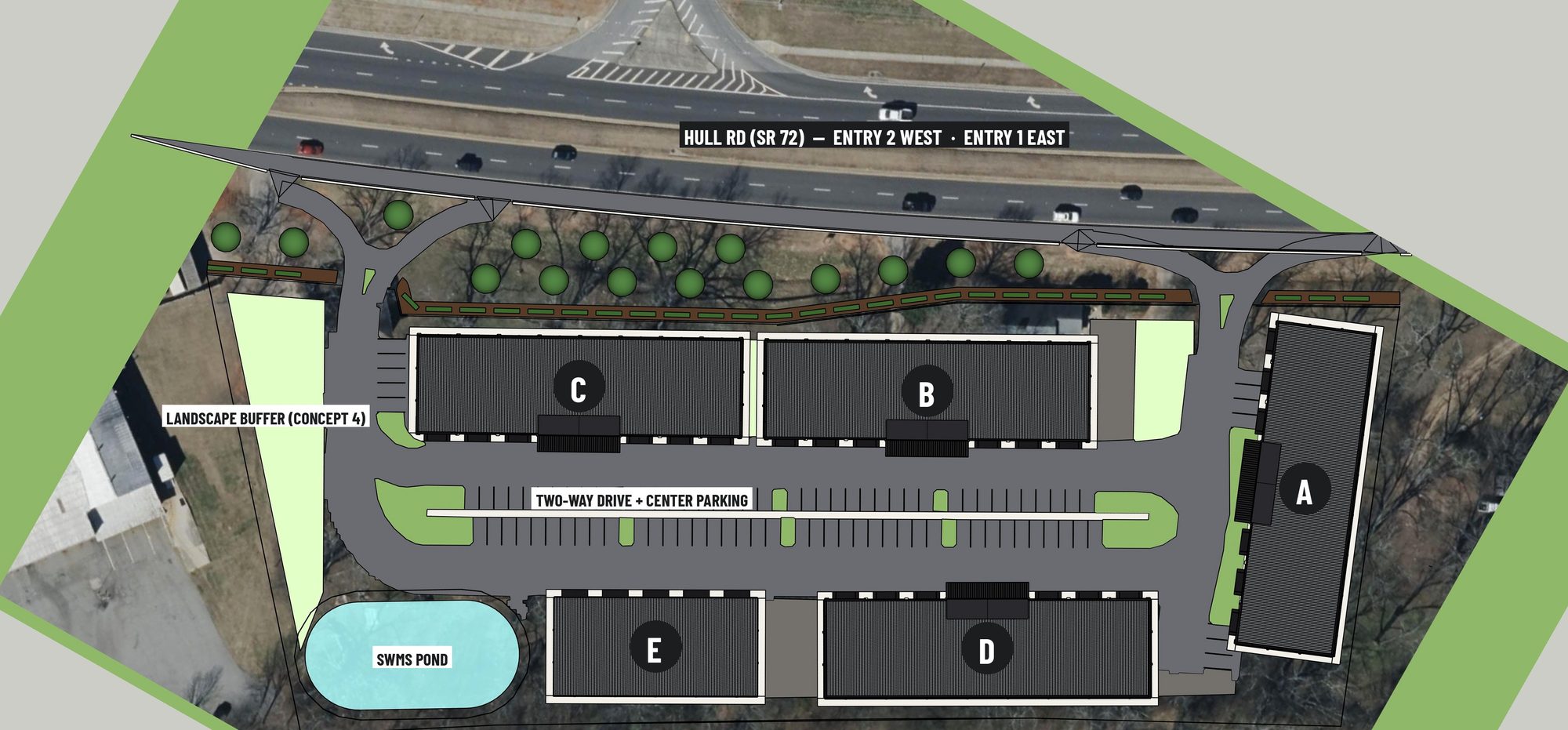 Hull Row site plan — Buildings A–E along Hull Road with two entries off Hull Road