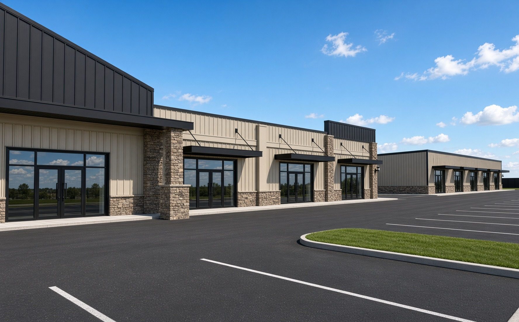 Hull Row storefront rendering — stone-column façades, full-glass entries and black awnings